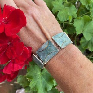 VTG 925 Silver Mexico Blue Stone Panel Link Bracelet